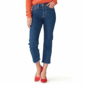 Women's Size 38 Levis 505 Distressed Cropped Frayed Hem Jeans Denim